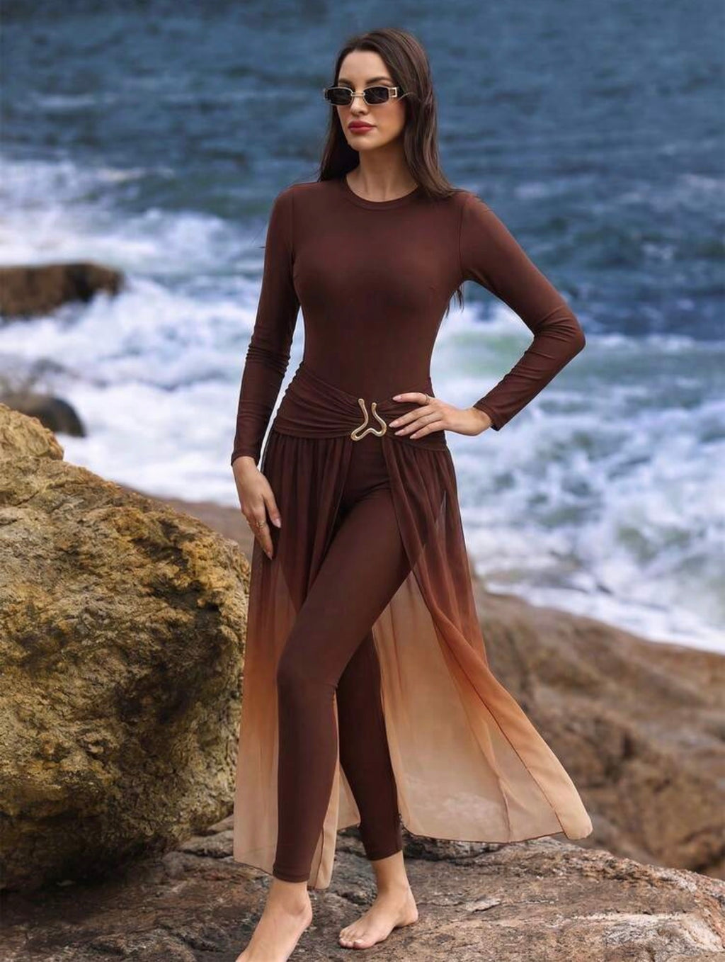 Burkini Luxueux Modeste 3 Pièces Dégradé Marron