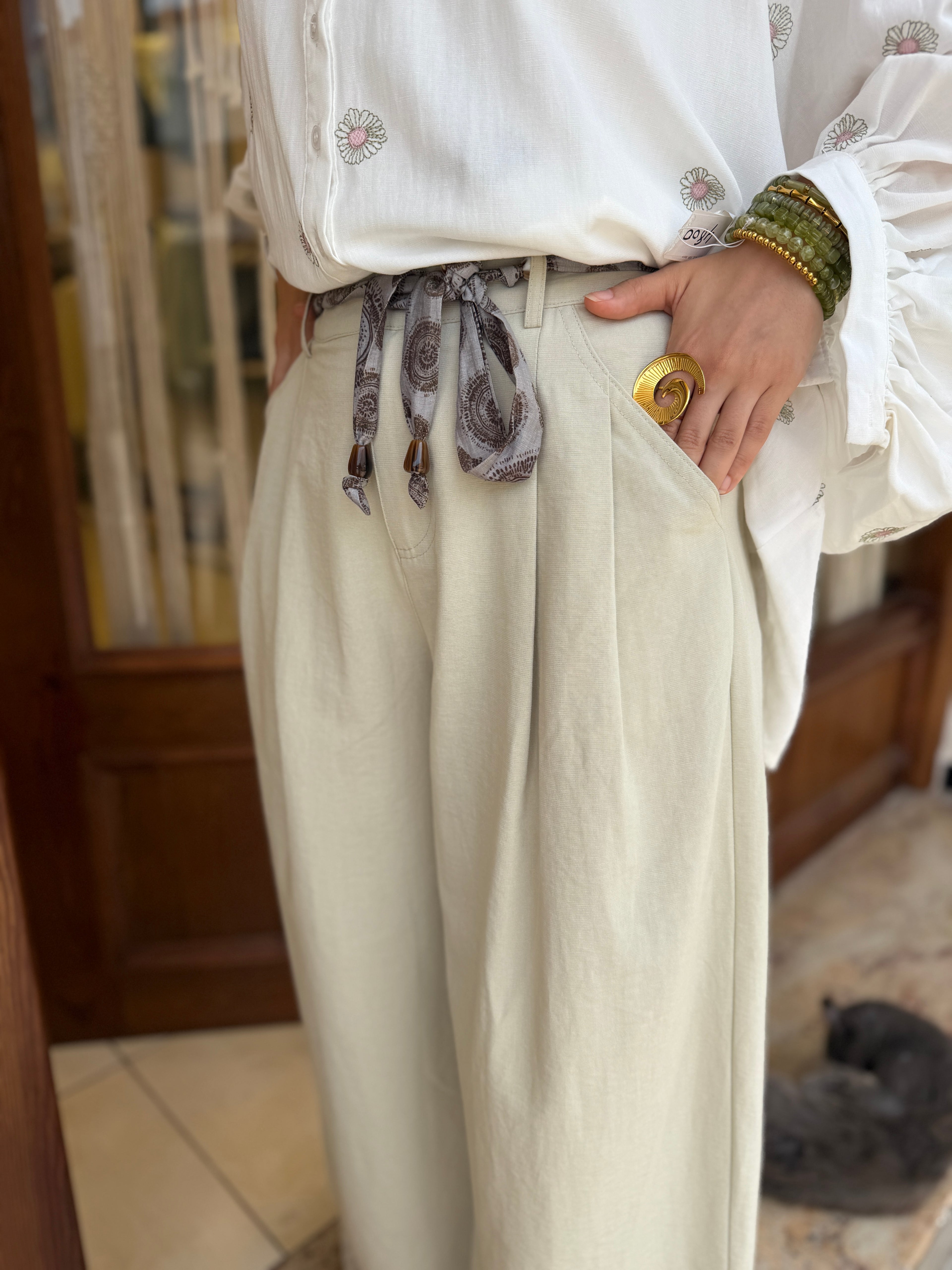 Pantalon Fluide avec Ceinture en Coton et Viscose