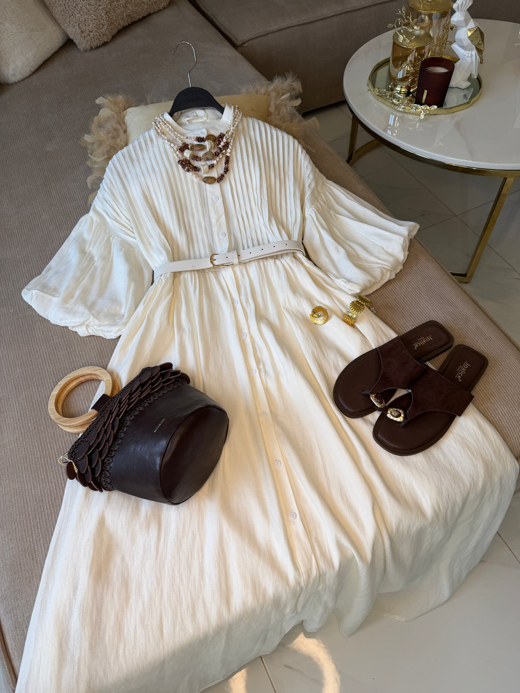 Robe Longue avec Ceinture Bohème Ivoire