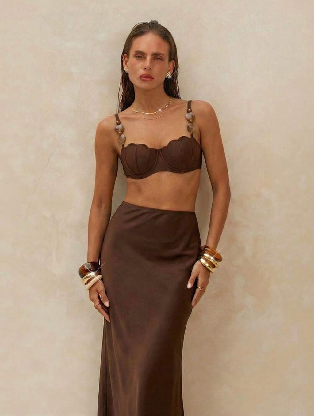 Maillot de Bain 2 Pièces Coquille avec Jupe Paréo Marron