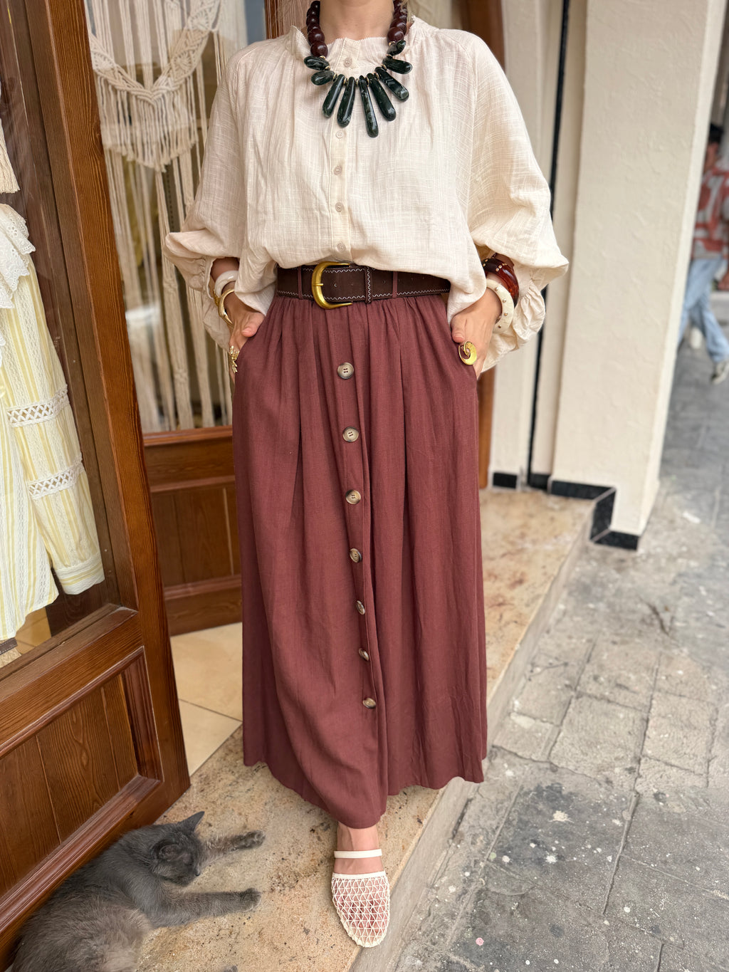 Jupe Boutonnée avec Ceinture en Lin et Coton