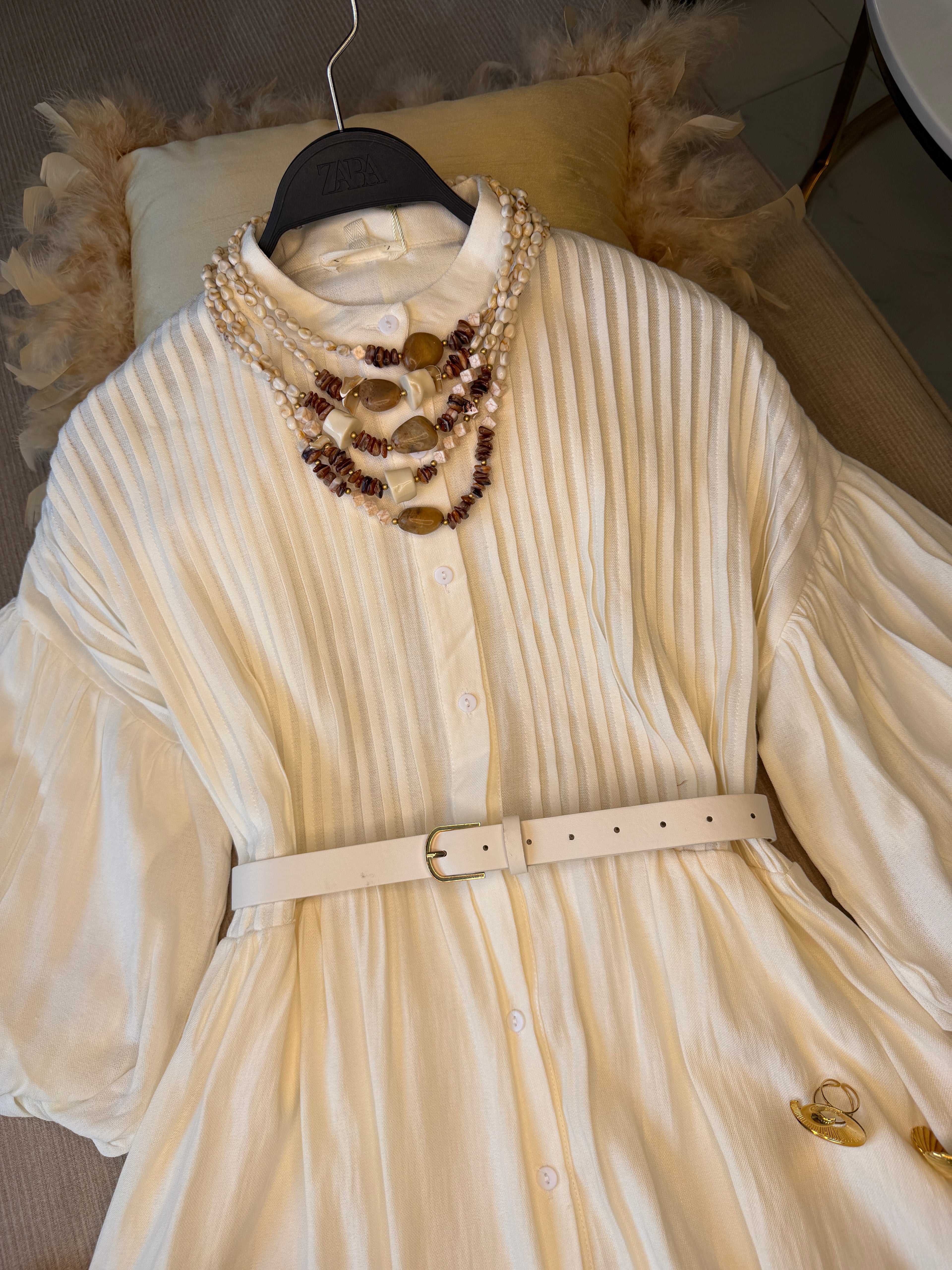 Robe Longue avec Ceinture Bohème Ivoire