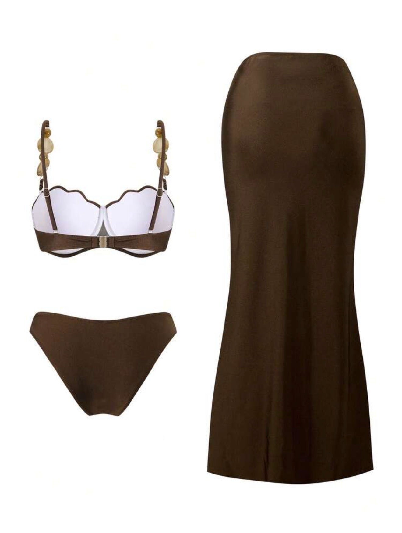 Maillot de Bain 2 Pièces Coquille avec Jupe Paréo Marron