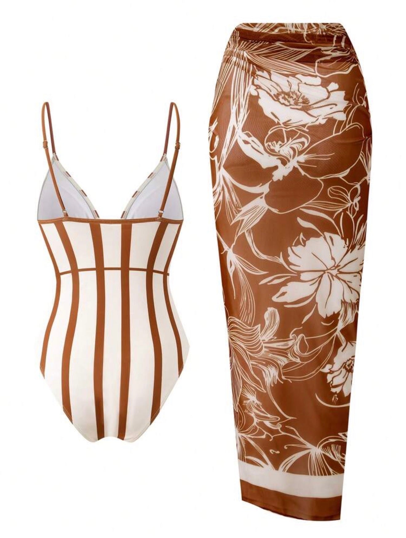 Maillot de bain rayé une pièce avec paréo floral