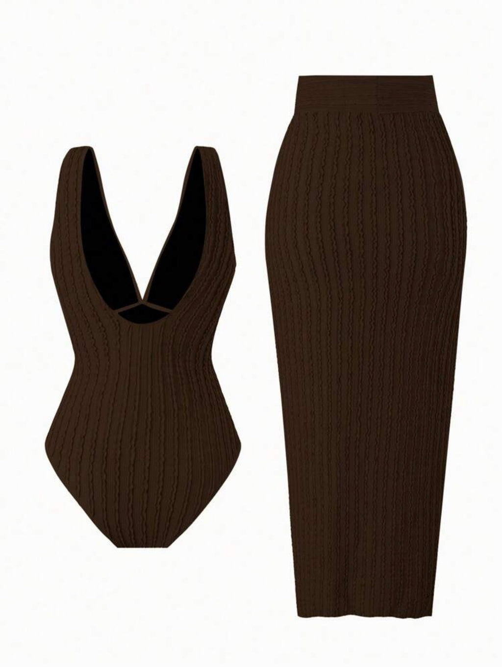 Maillot de Bain 1 Pièce avec Paréo Texturé Marron