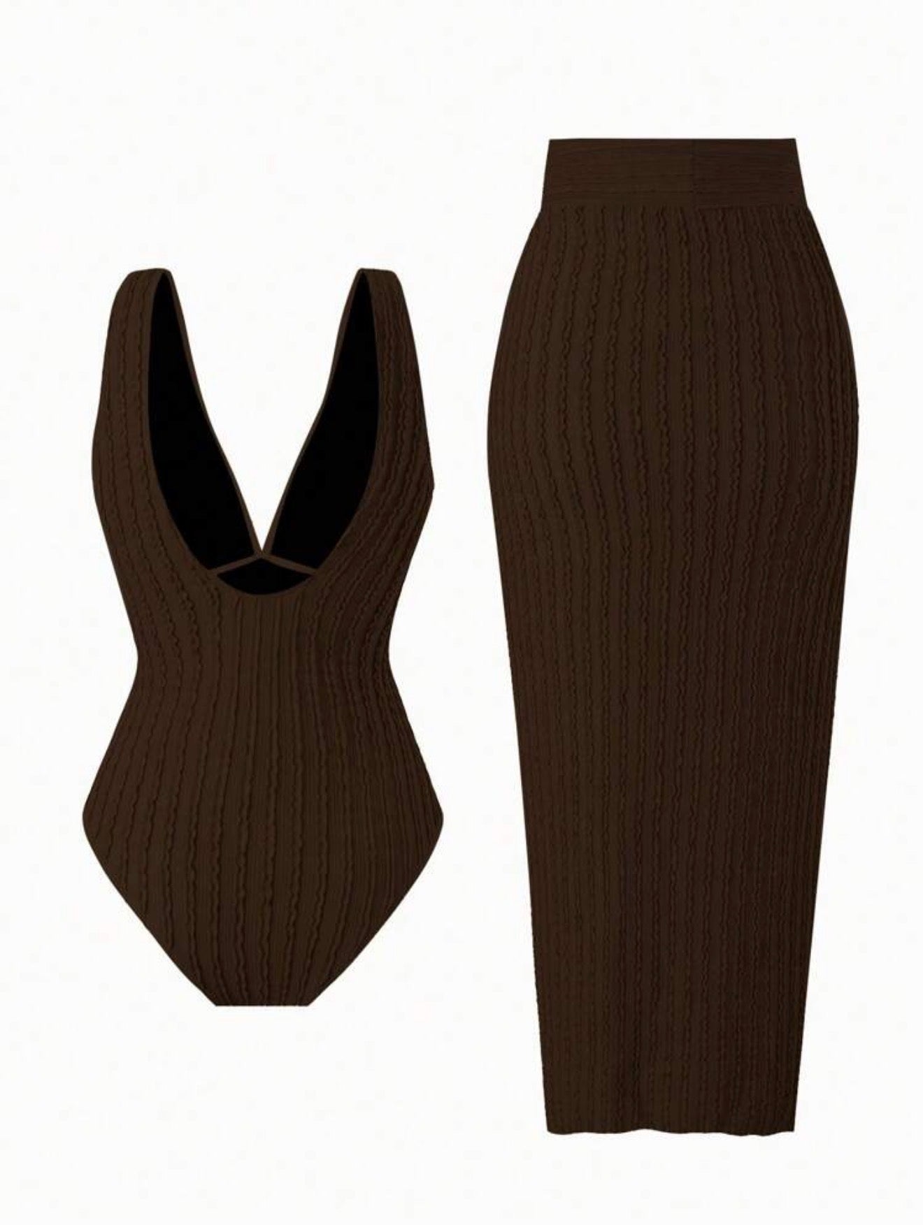 Maillot de Bain 1 Pièce avec Paréo Texturé Marron