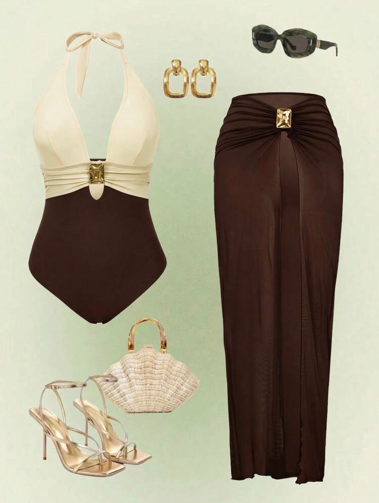 Maillot de Bain 1 Pièce avec Paréo Bijou Bicolore