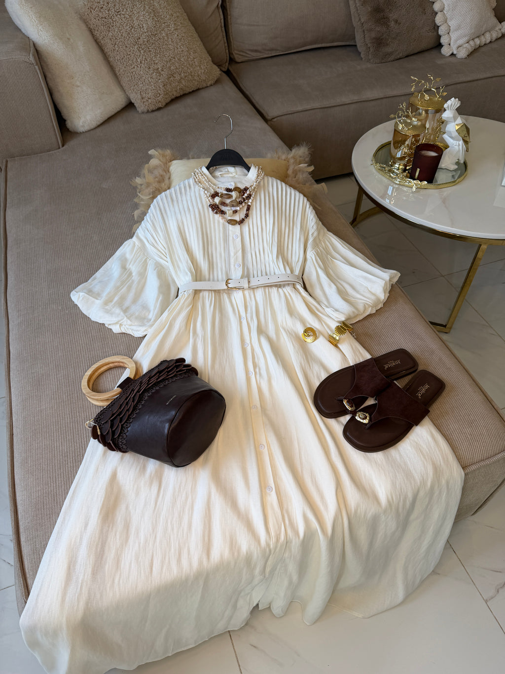 Robe Longue avec Ceinture Bohème Ivoire