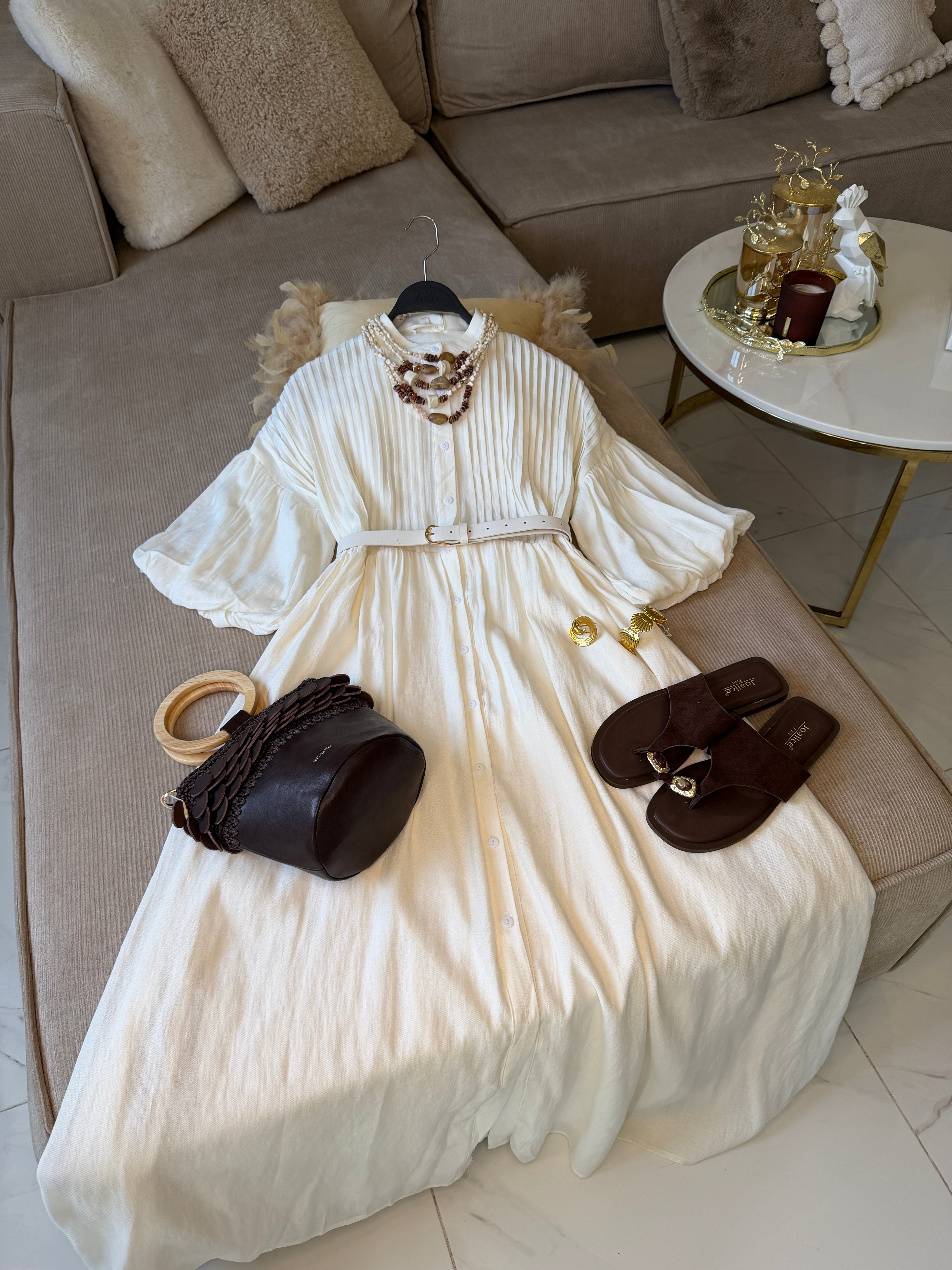 Robe Longue avec Ceinture Bohème Ivoire