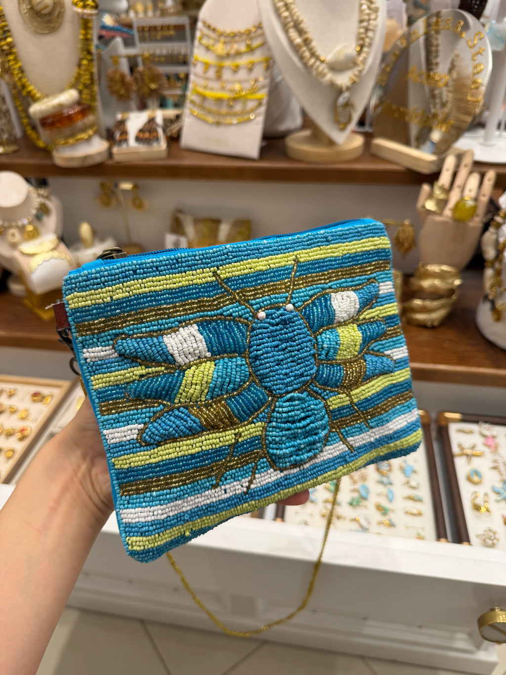 Pochette Handmade Perlée Abeille Bleu Azu