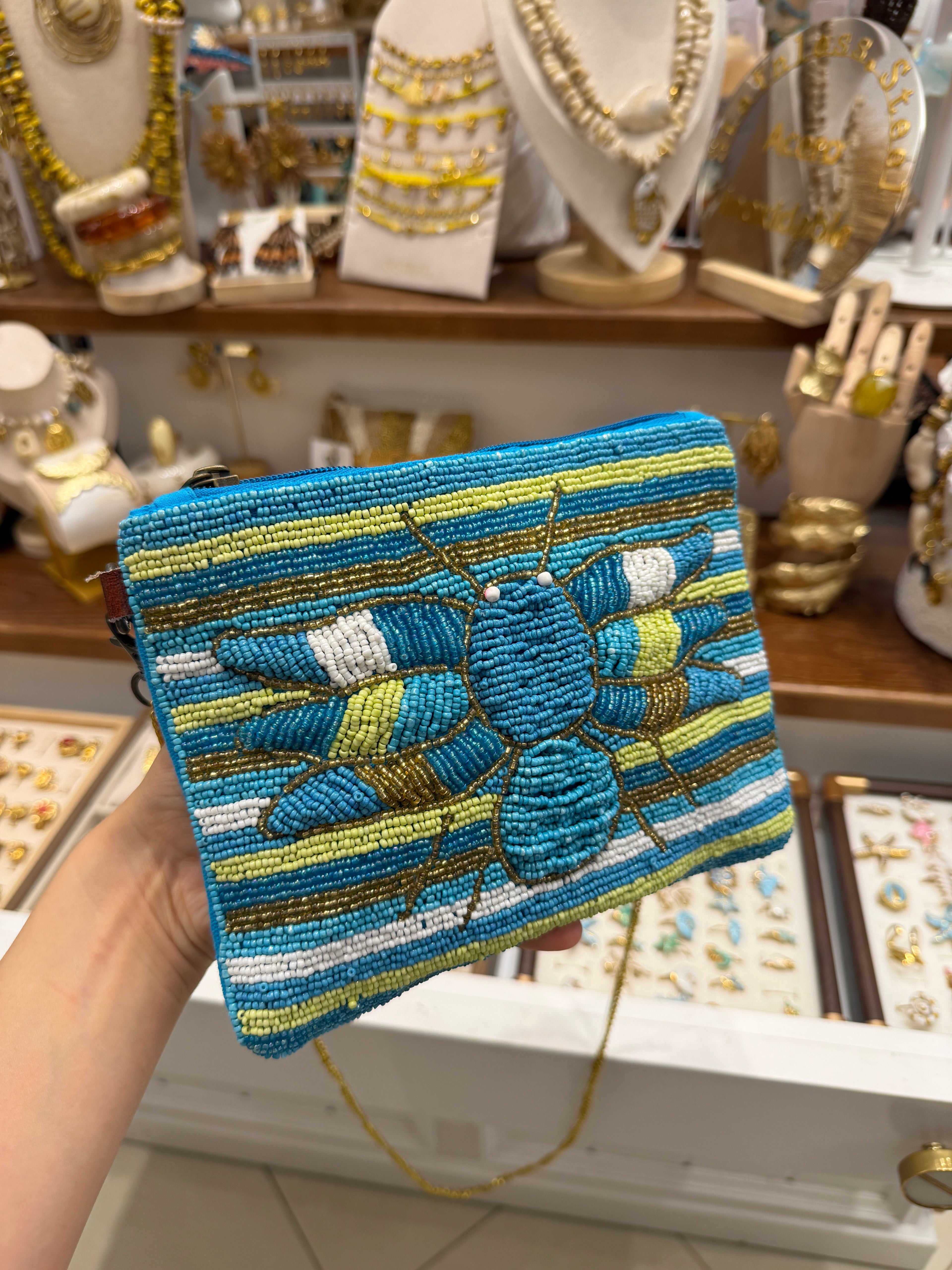 Pochette Handmade Perlée Abeille Bleu Azu