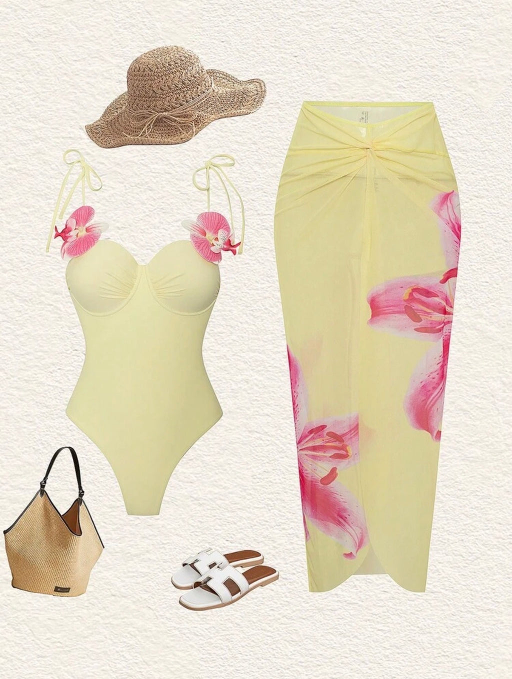 Maillot de Bain 1 Pièce avec Paréo Fleur Orchidée 3D