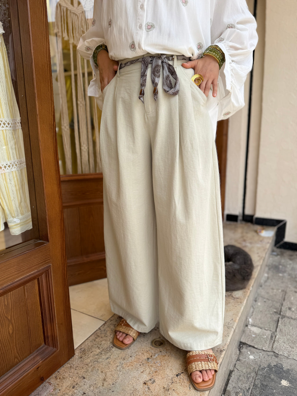 Pantalon Fluide avec Ceinture en Coton et Viscose