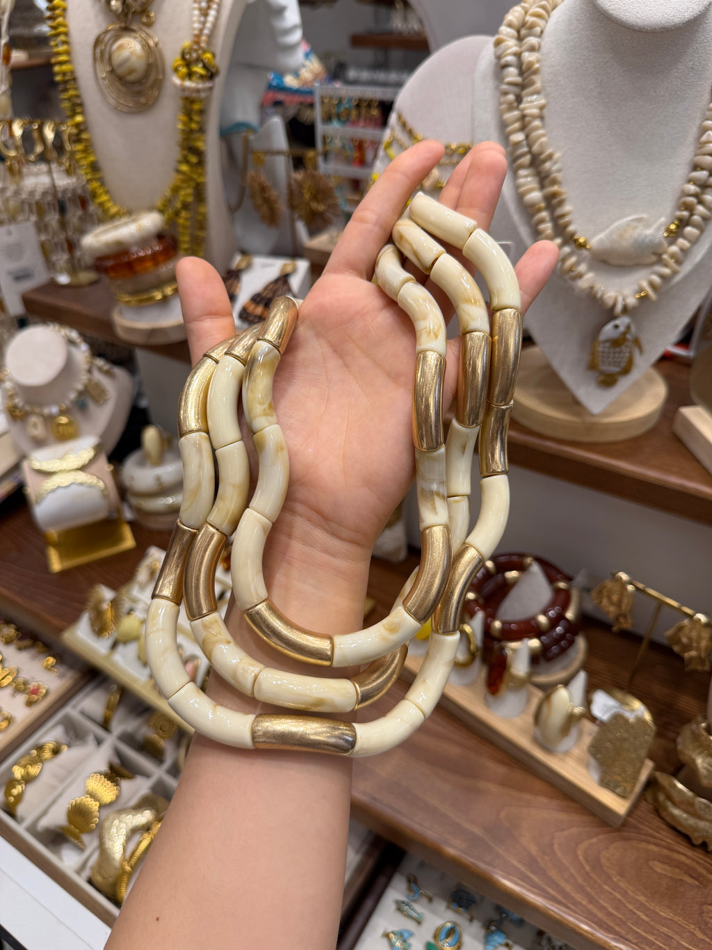 Collier Tubes bambou Blancs et Dorés Style Bohème Chic
