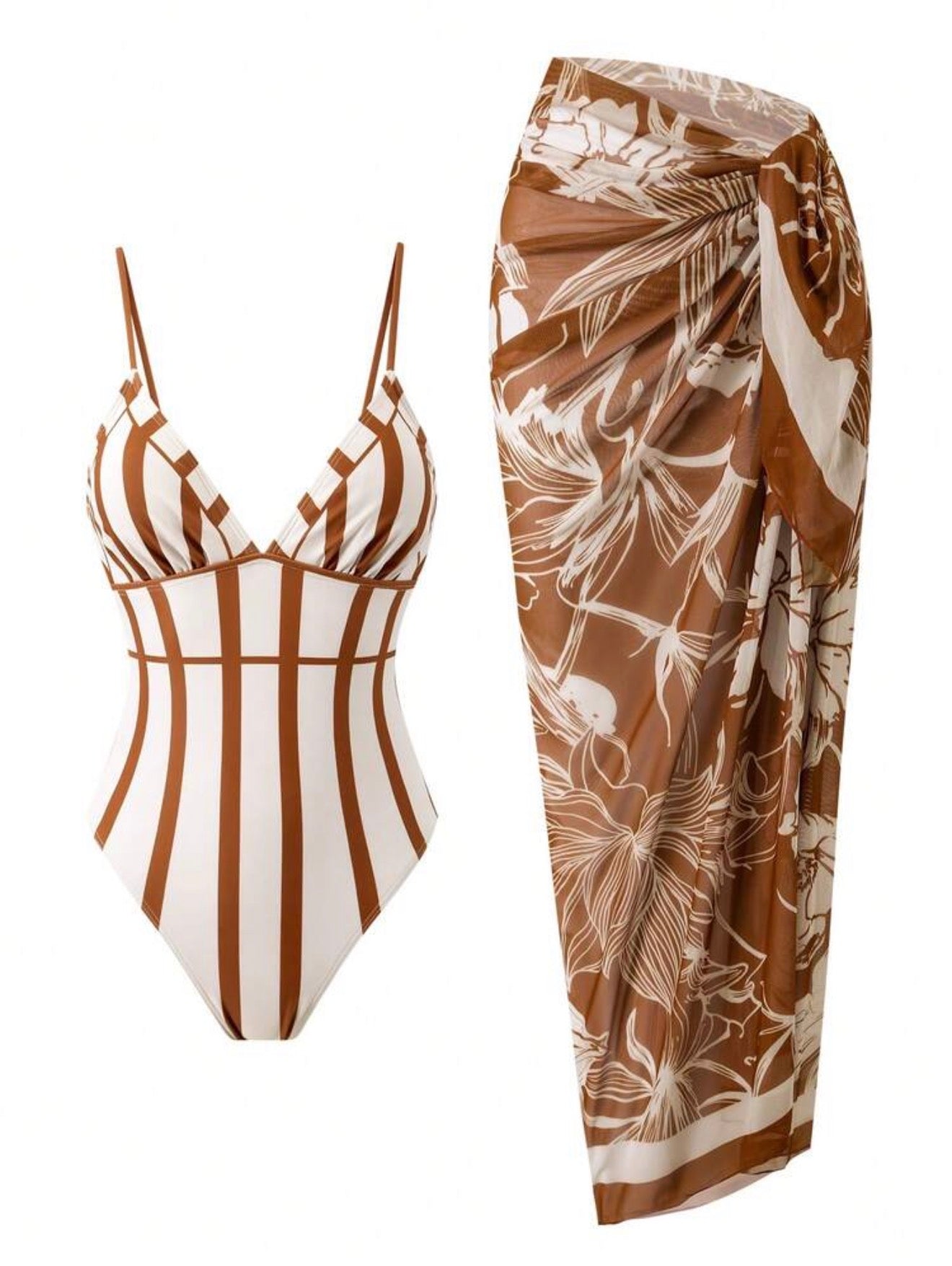Maillot de bain rayé une pièce avec paréo floral