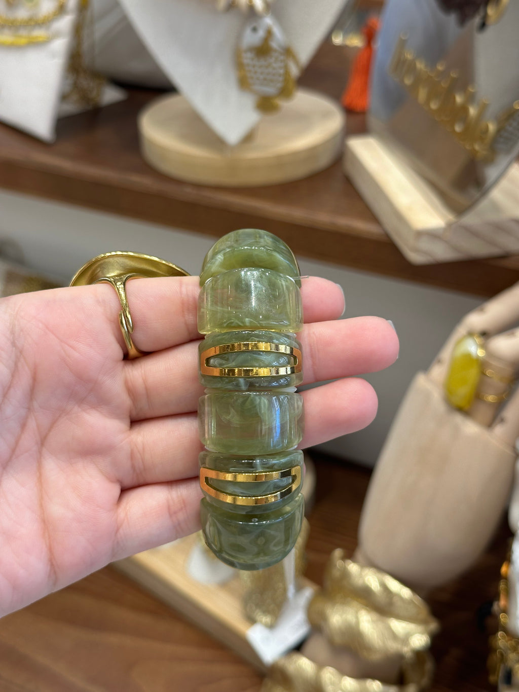 Bracelet Résine Marbrée Olive et Métal