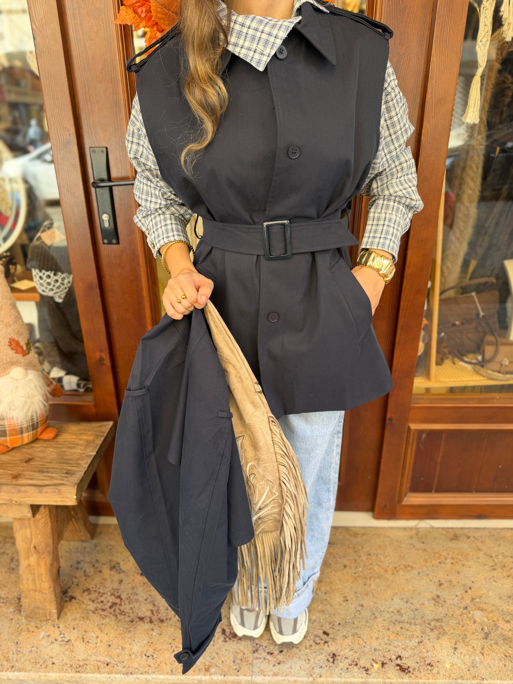 Trench-coat mi long deux pièces manches amovible