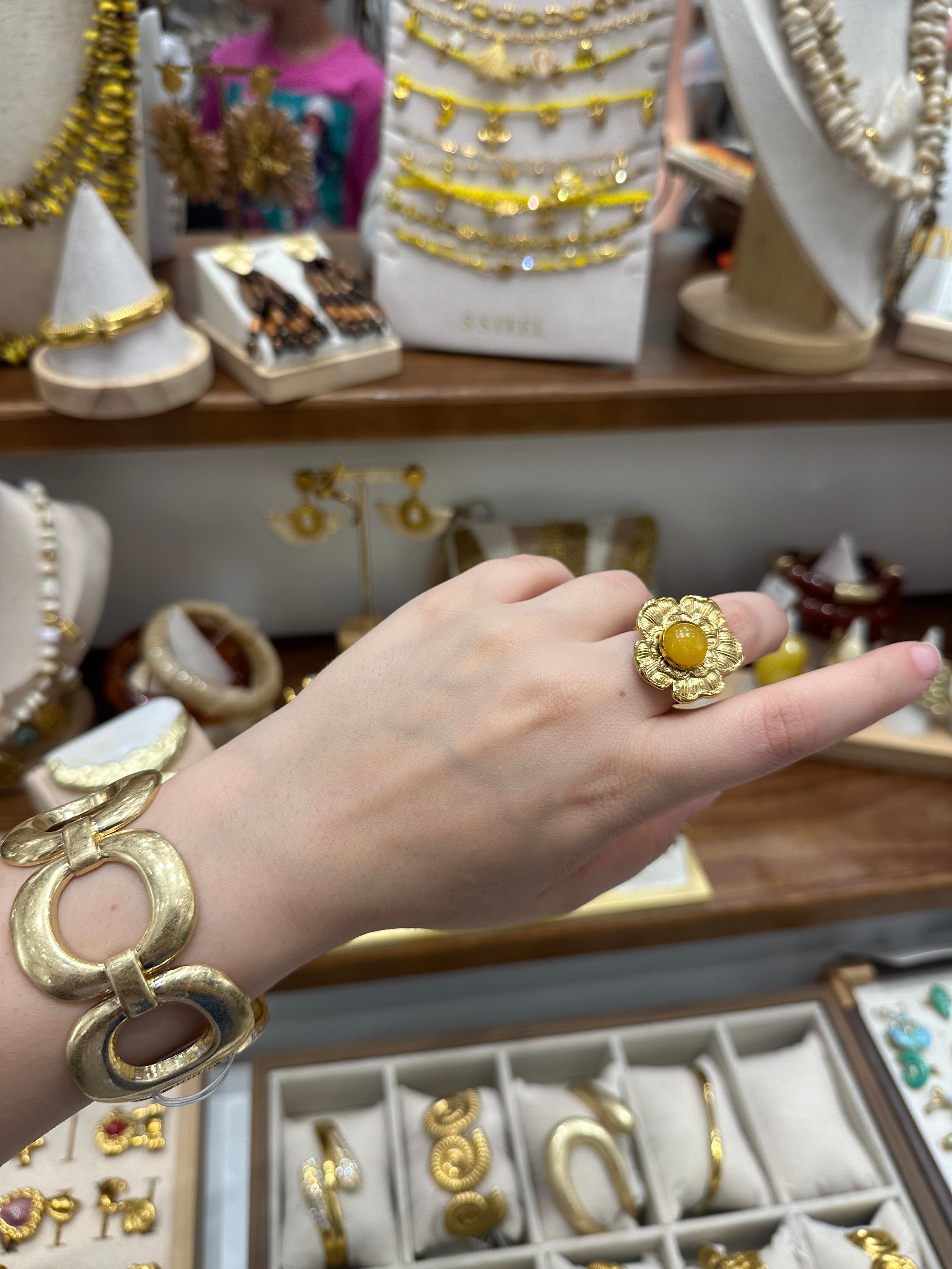 Bague Fleur Dorée & Pierre Jaune