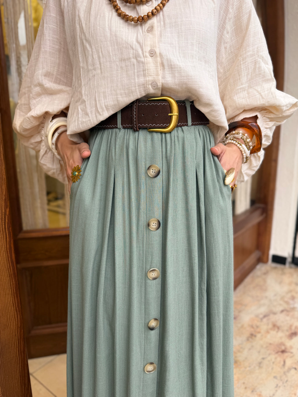Jupe Boutonnée avec Ceinture en Lin et Coton