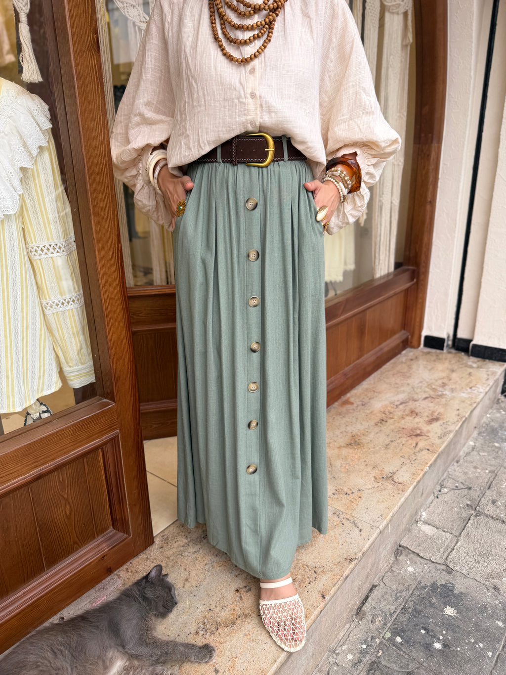 Jupe Boutonnée avec Ceinture en Lin et Coton