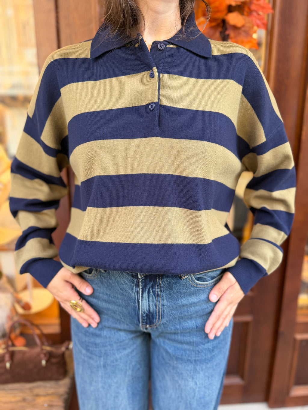 Pull polo en maille douce rayé