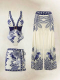 Maillot de bain imprimé 3 pièces avec jupe et pantalon
