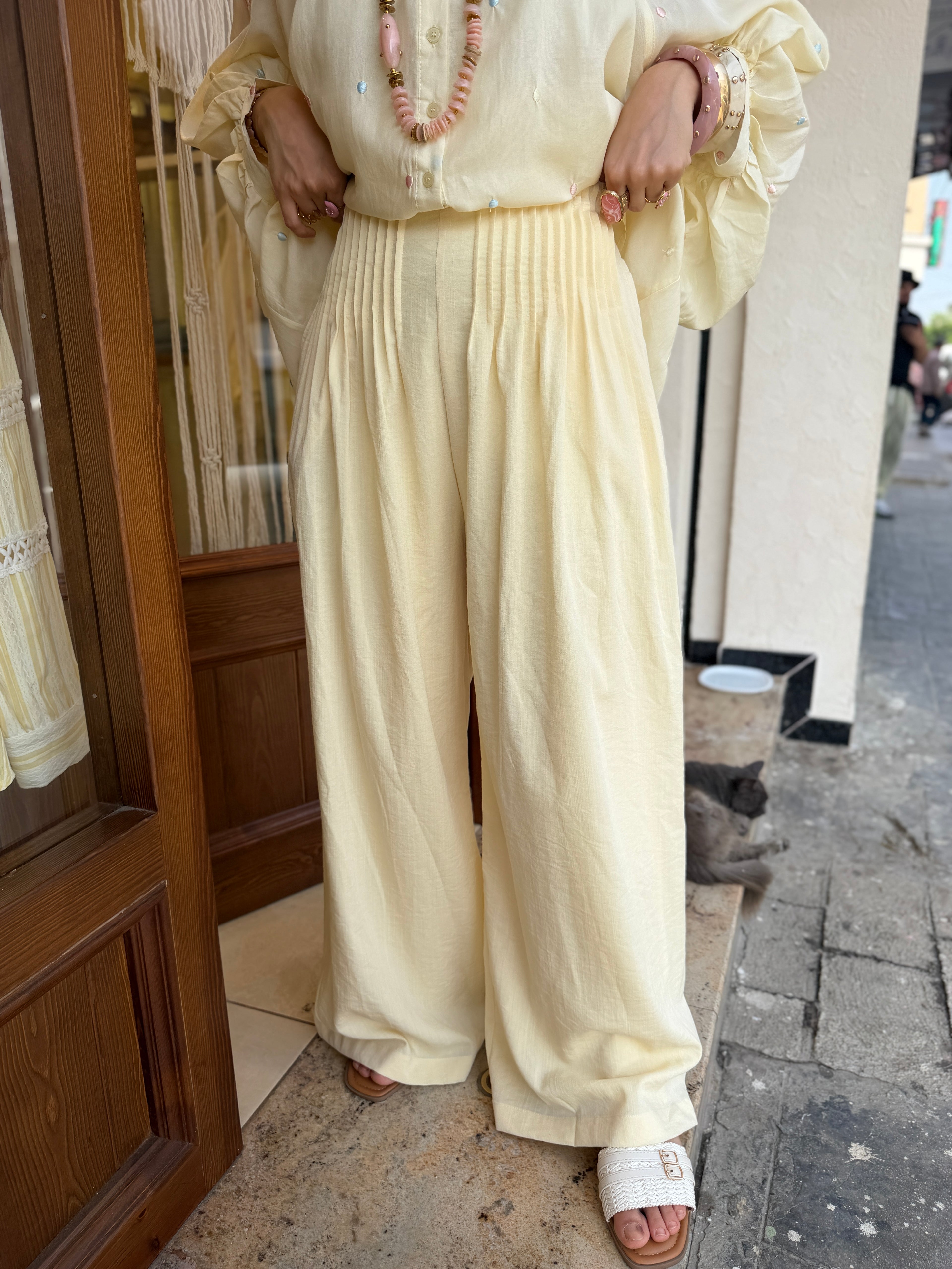 Pantalon Fluide à Plis en Lin et Viscose