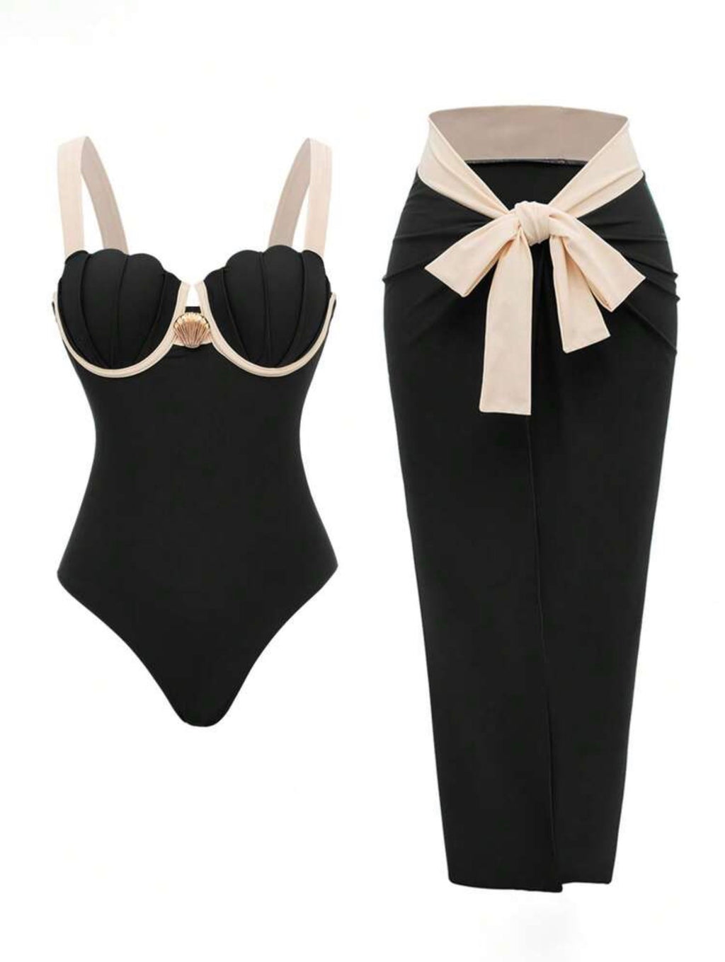 Maillot de Bain 1 pièce Coquille avec Paréo Noir