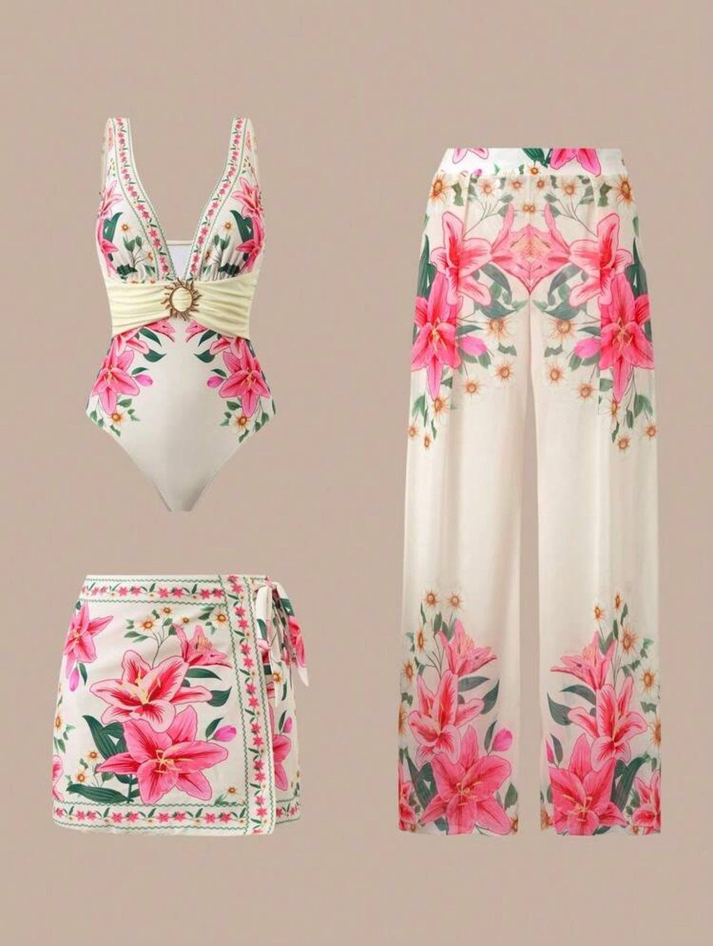 Maillot de bain 3 pièces avec jupe et pantalon imprimé floral