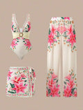 Maillot de bain 3 pièces avec jupe et pantalon imprimé floral