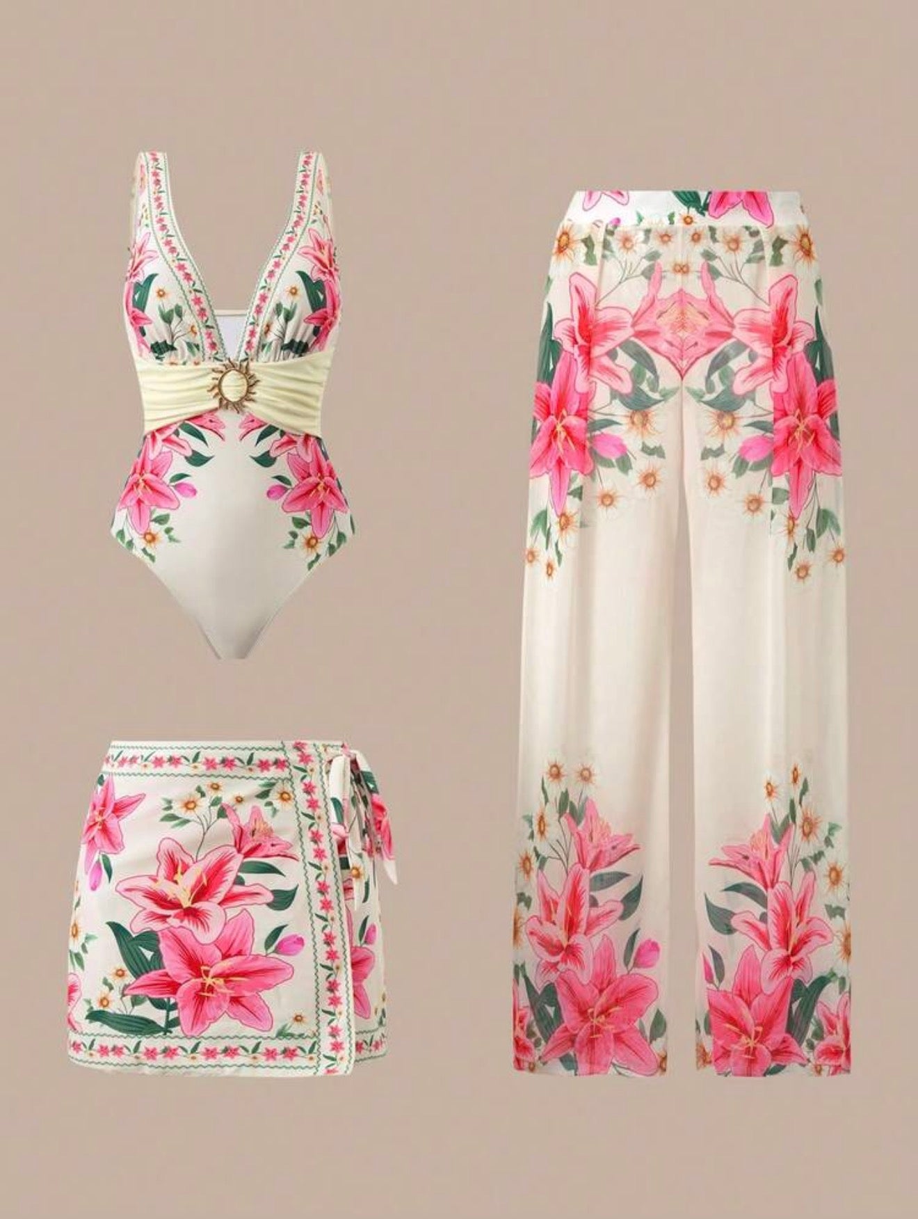 Maillot de bain 3 pièces avec jupe et pantalon imprimé floral