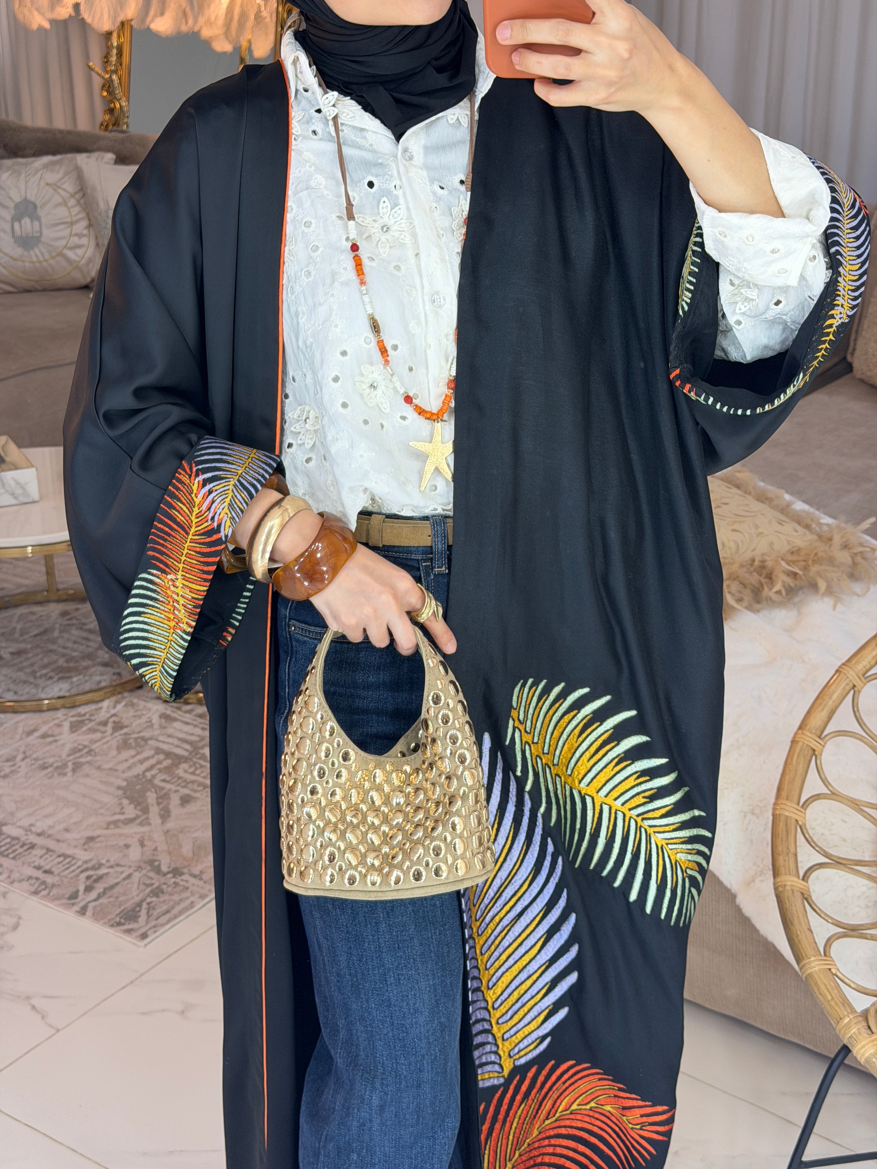 Abaya satin broderie palmier