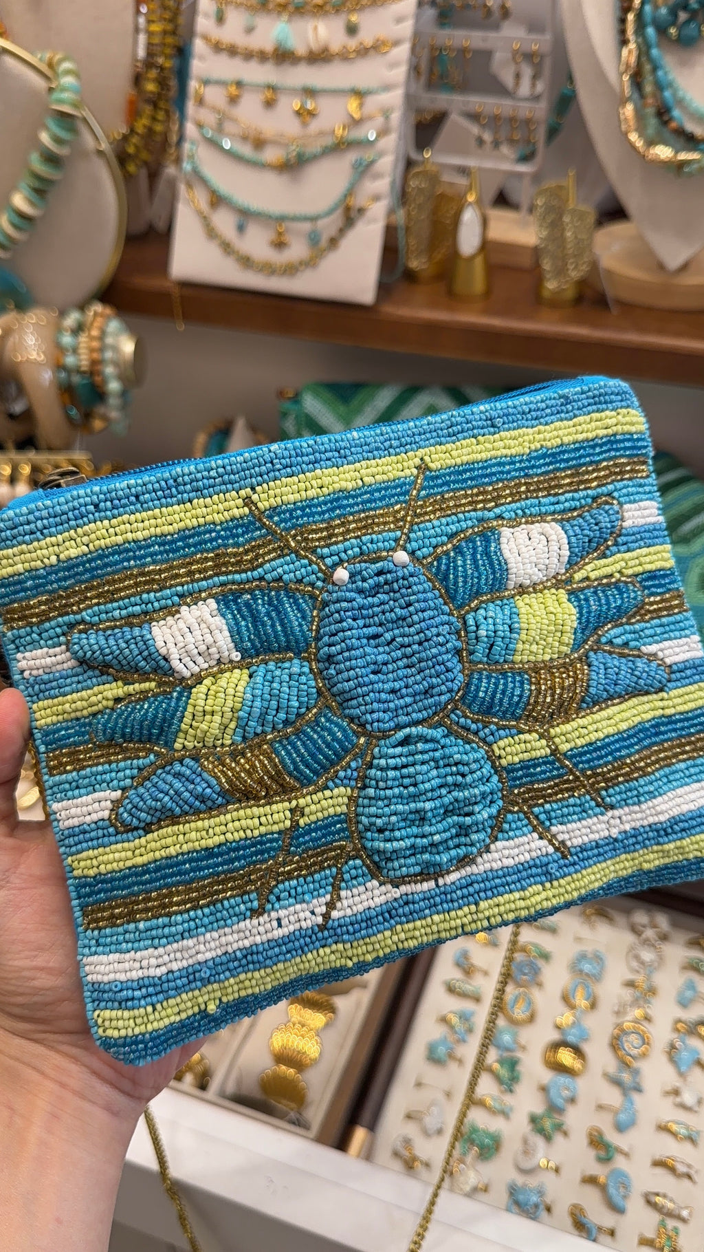 Pochette Handmade Perlée Abeille Bleu Azu
