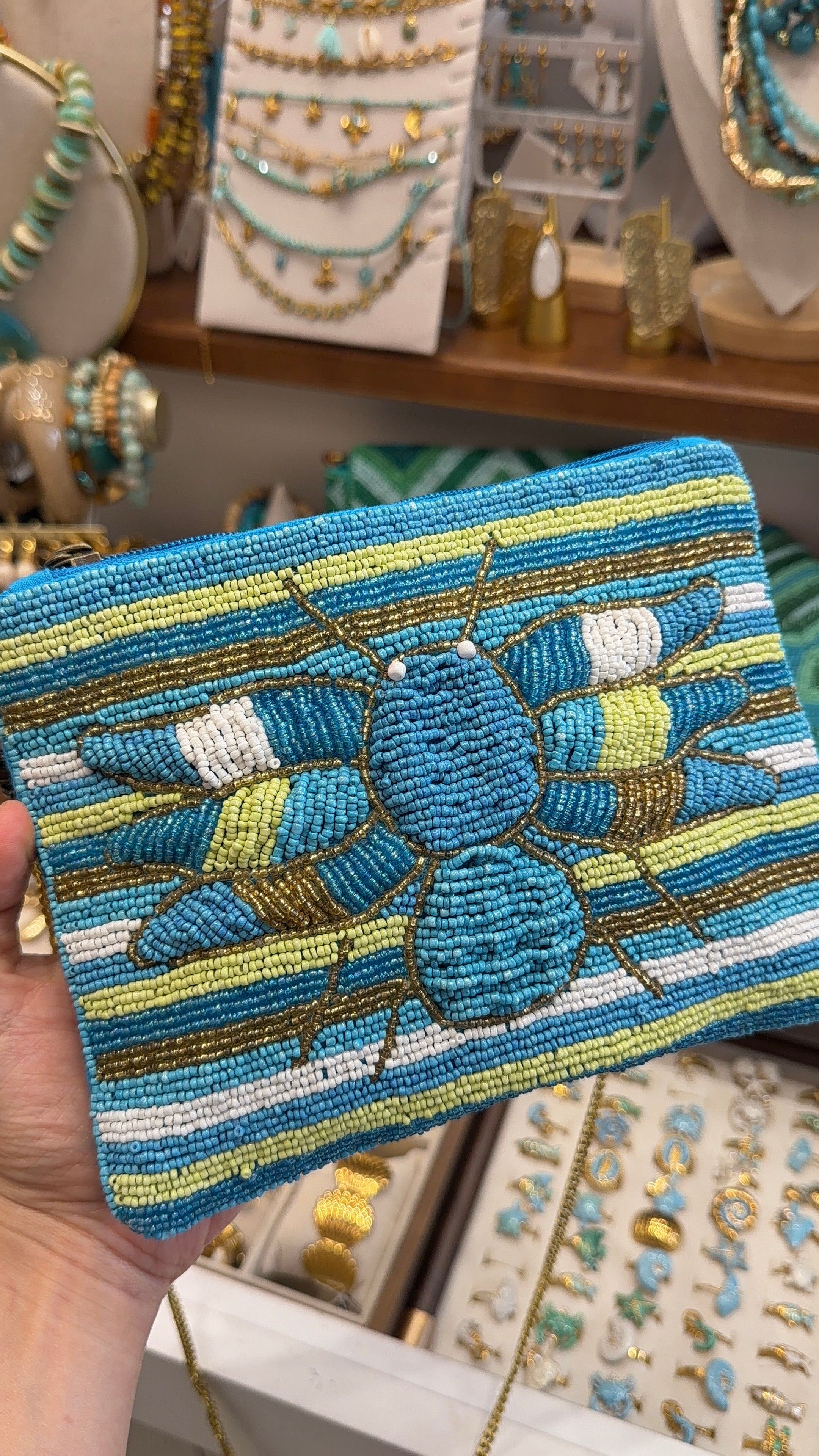 Pochette Handmade Perlée Abeille Bleu Azu