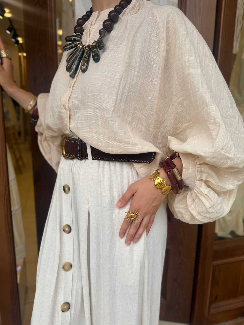 Jupe Boutonnée avec Ceinture en Lin et Coton