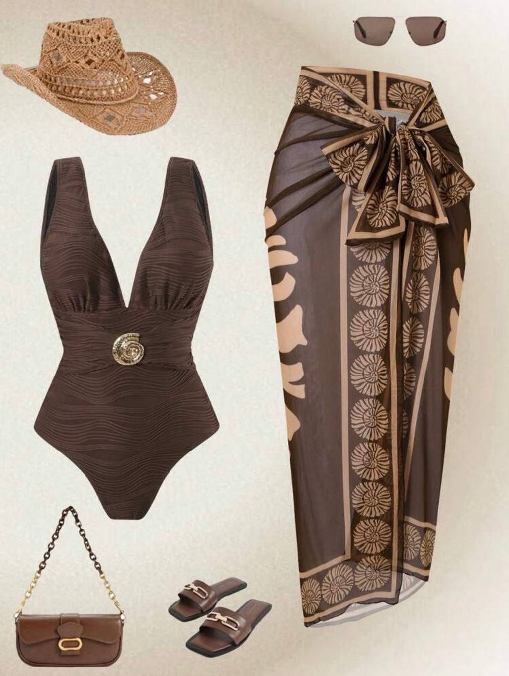 Maillot de Bain 1 Pièce Texturé avec Paréo Imprimé Coquillages