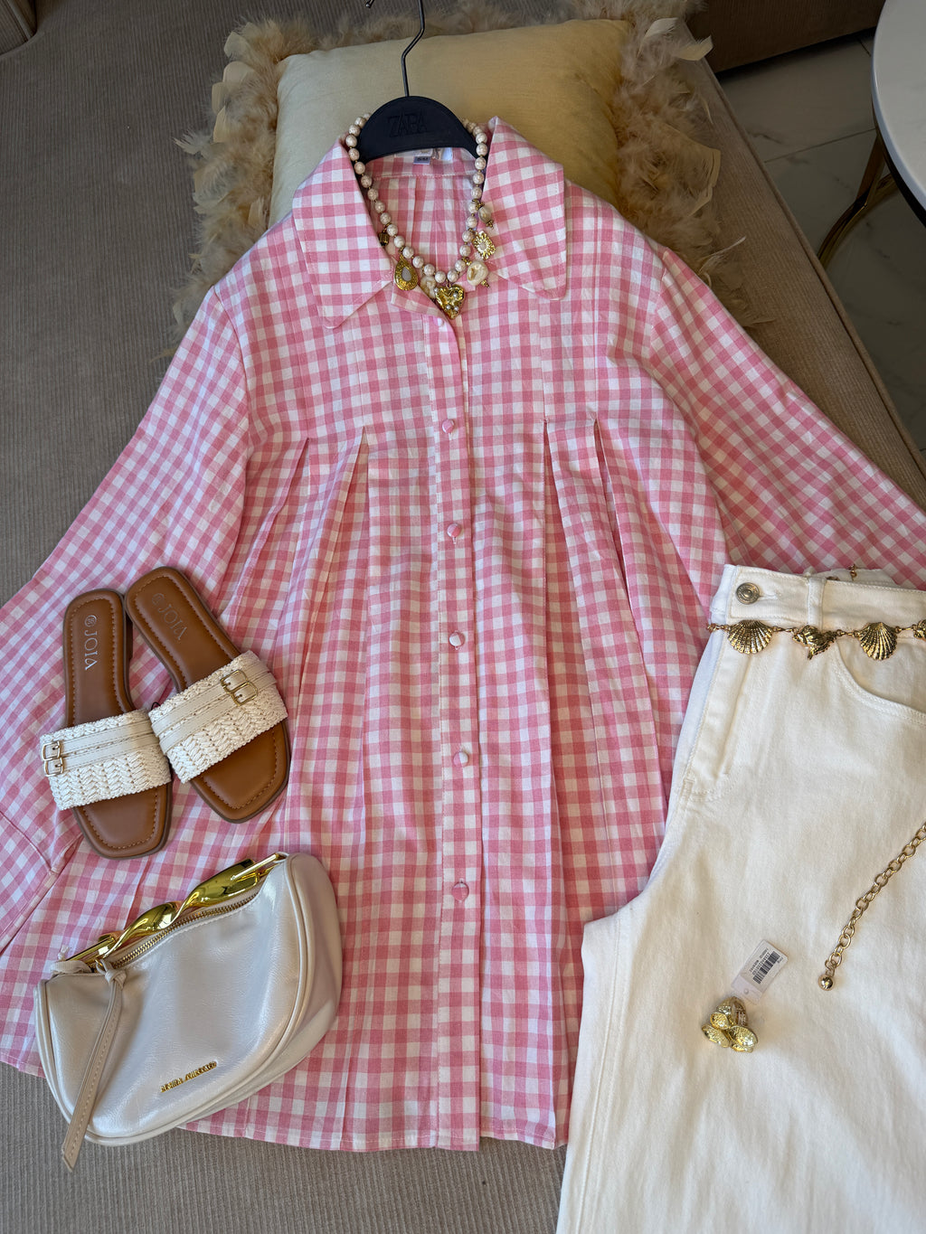 Chemise Oversize à Plis Structurés en 100% Coton Vichy