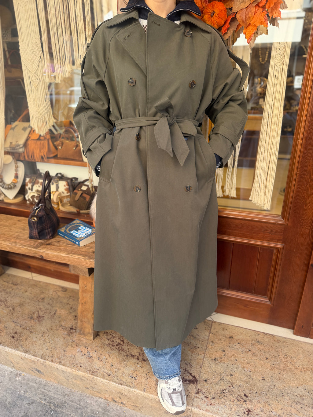 Trench-coat masculin maxi long kaki