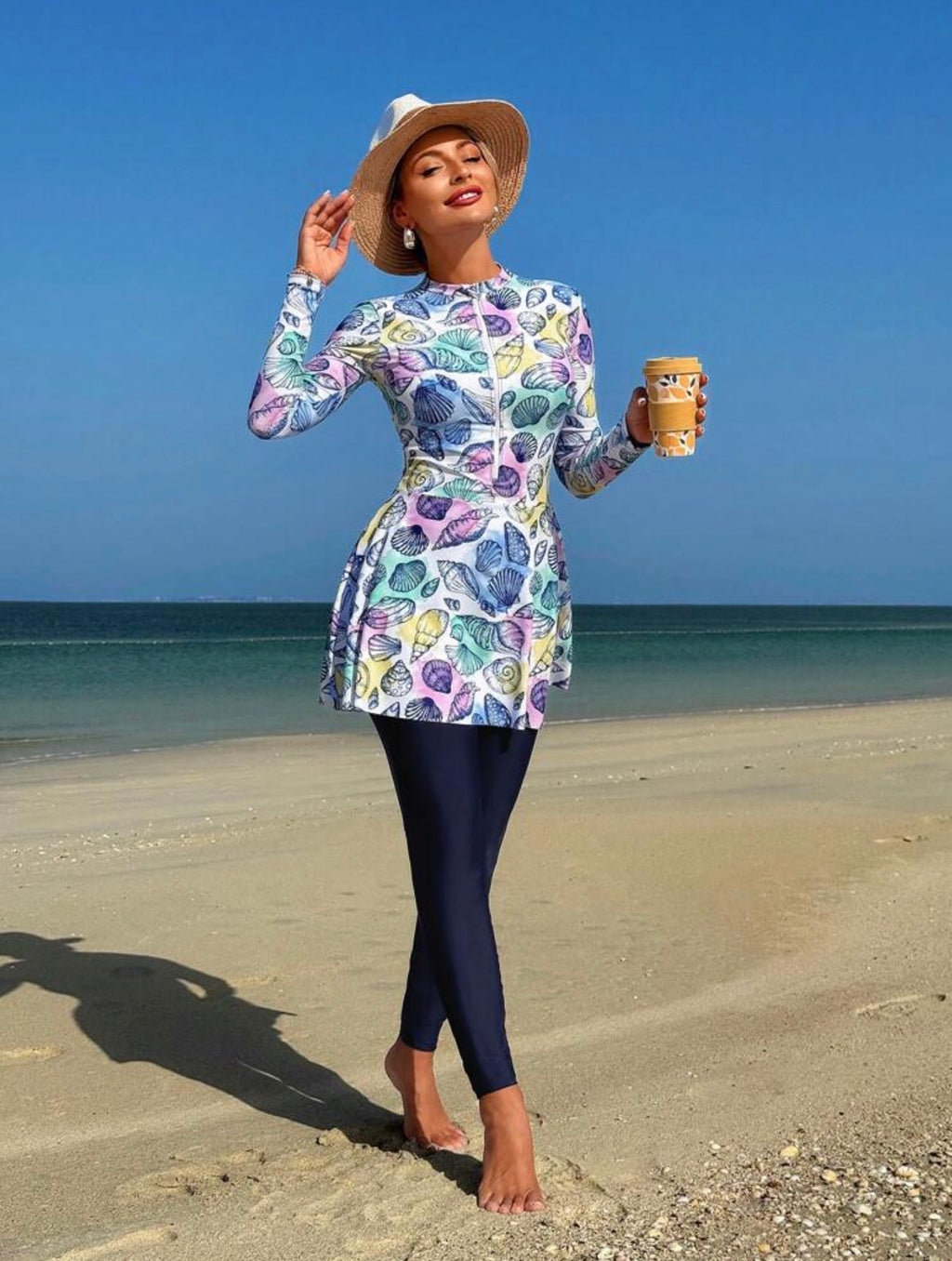 Burkini 2 Pièces Imprimé Coquillages Bleu