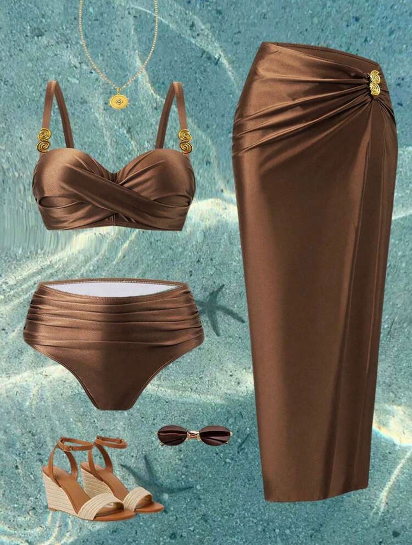 Maillot de Bain 2 Pièce avec Paréo Broche Coquillage