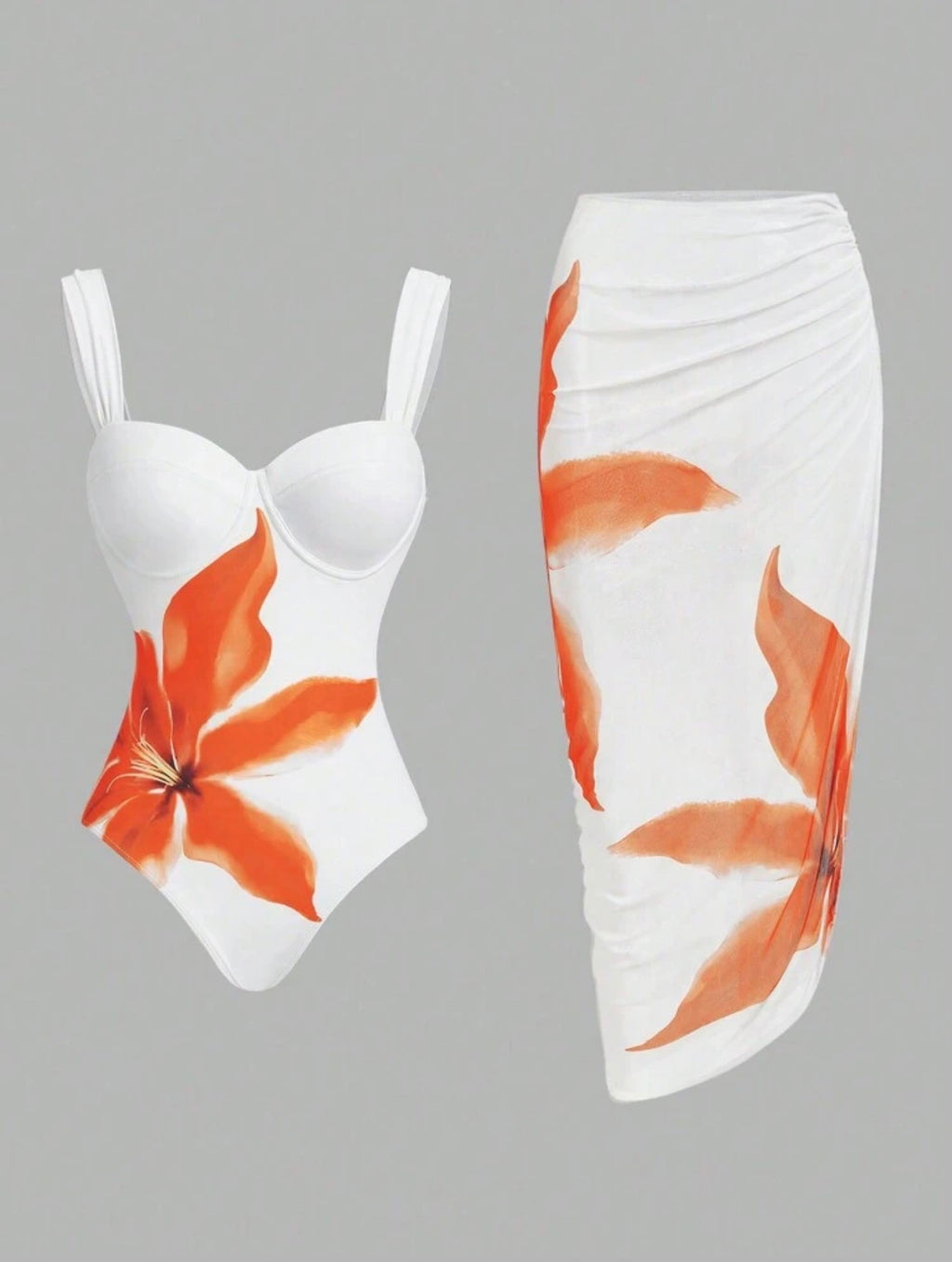 Maillot de Bain 1 Pièce avec Paréo Orchidée Orange