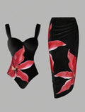 Maillot de Bain 1 pièce avec Paréo Orchidée Rouge