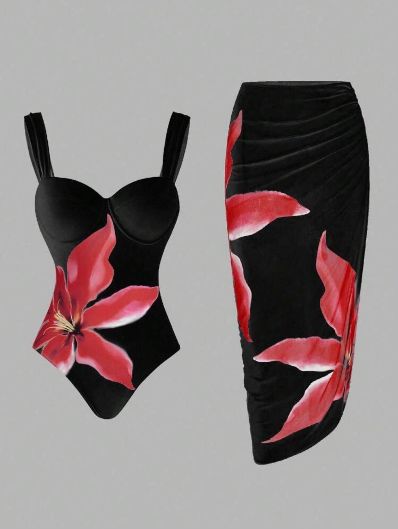 Maillot de Bain 1 pièce avec Paréo Orchidée Rouge