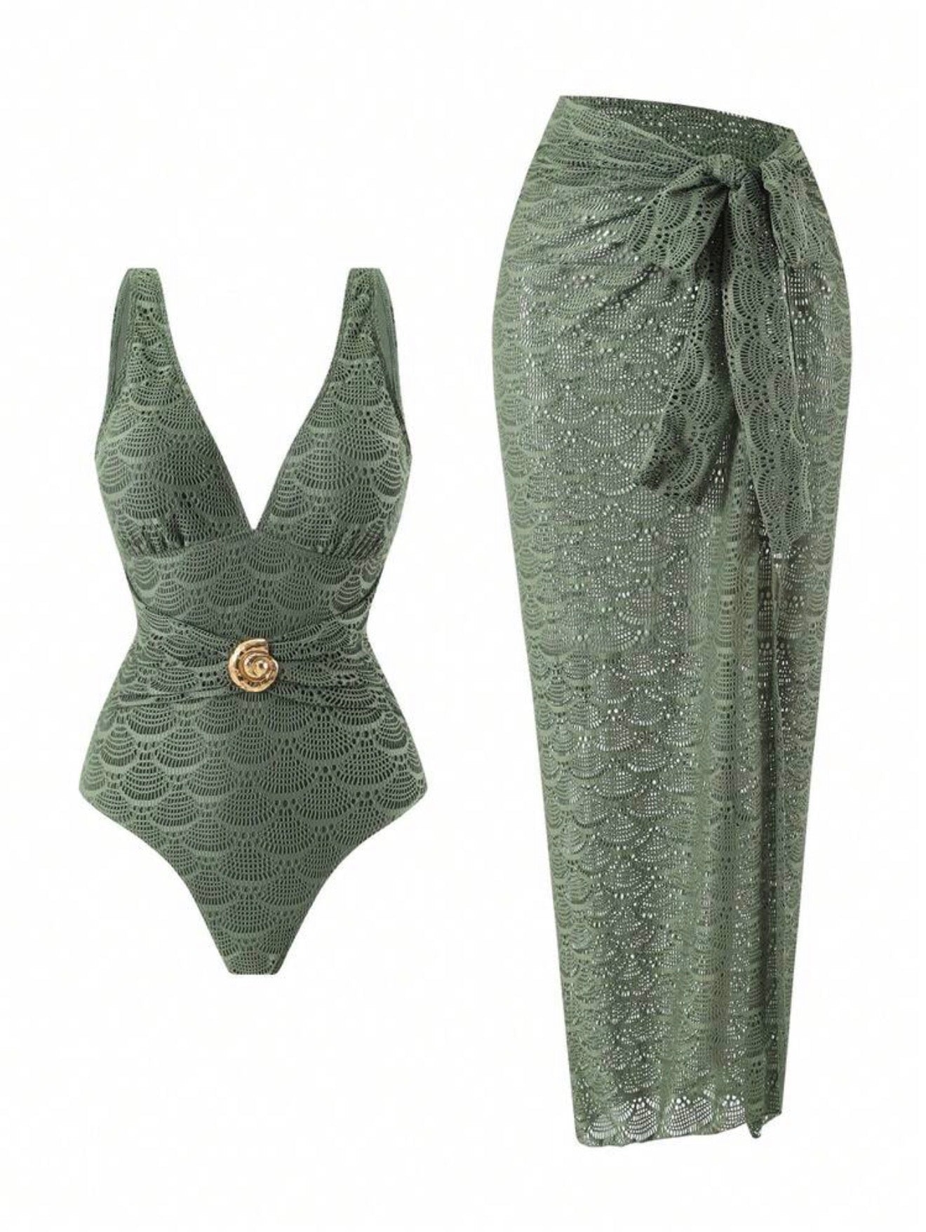 Maillot de bain une pièce tissu jaquard avec paréo