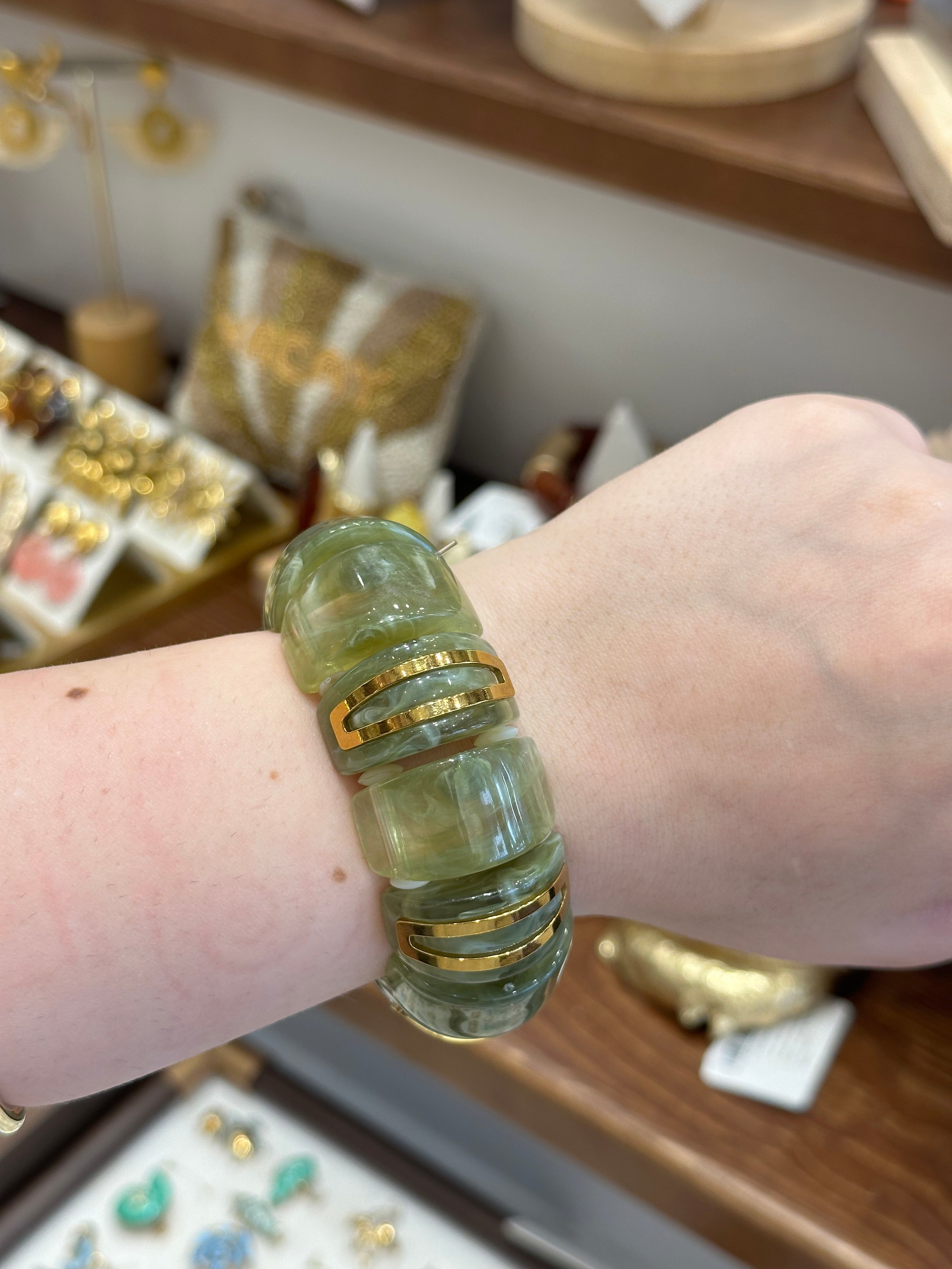 Bracelet Résine Marbrée Olive et Métal