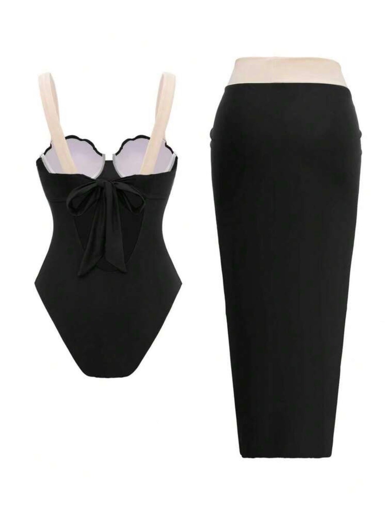 Maillot de Bain 1 pièce Coquille avec Paréo Noir