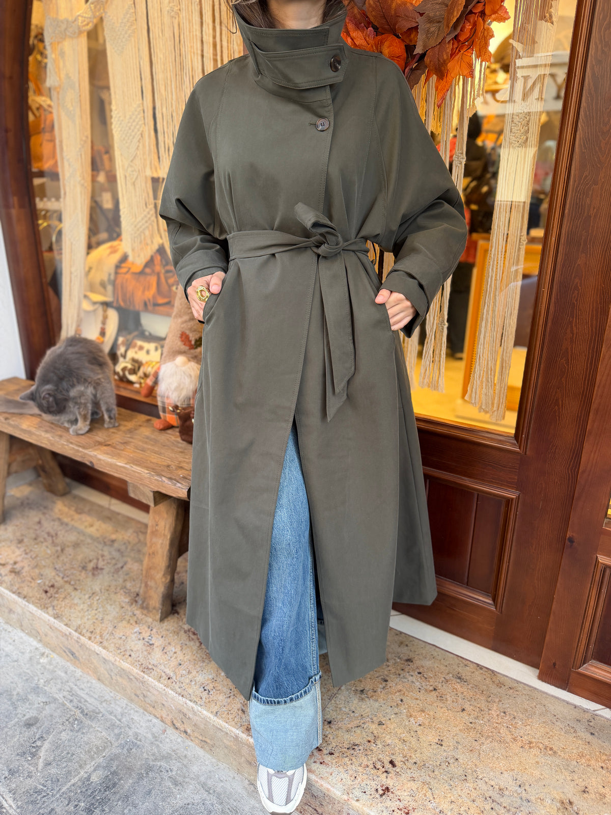Trench-coat maxi long col montant