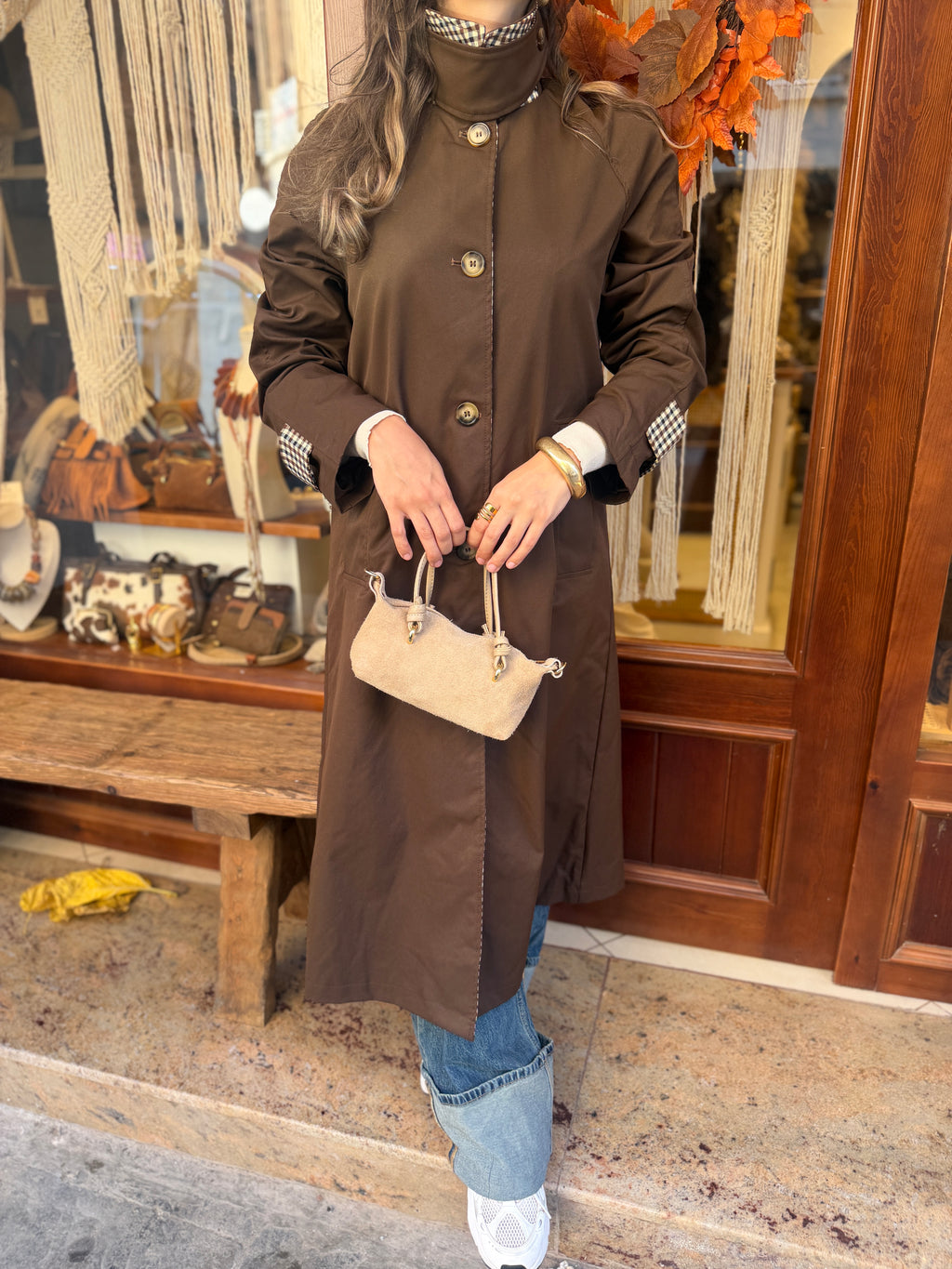 Trench-coat long col montant details à carreaux