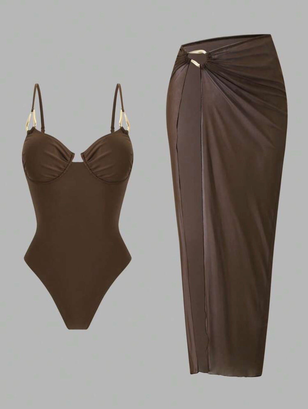 Maillot de Bain 1 Pièce avec Paréo Marron