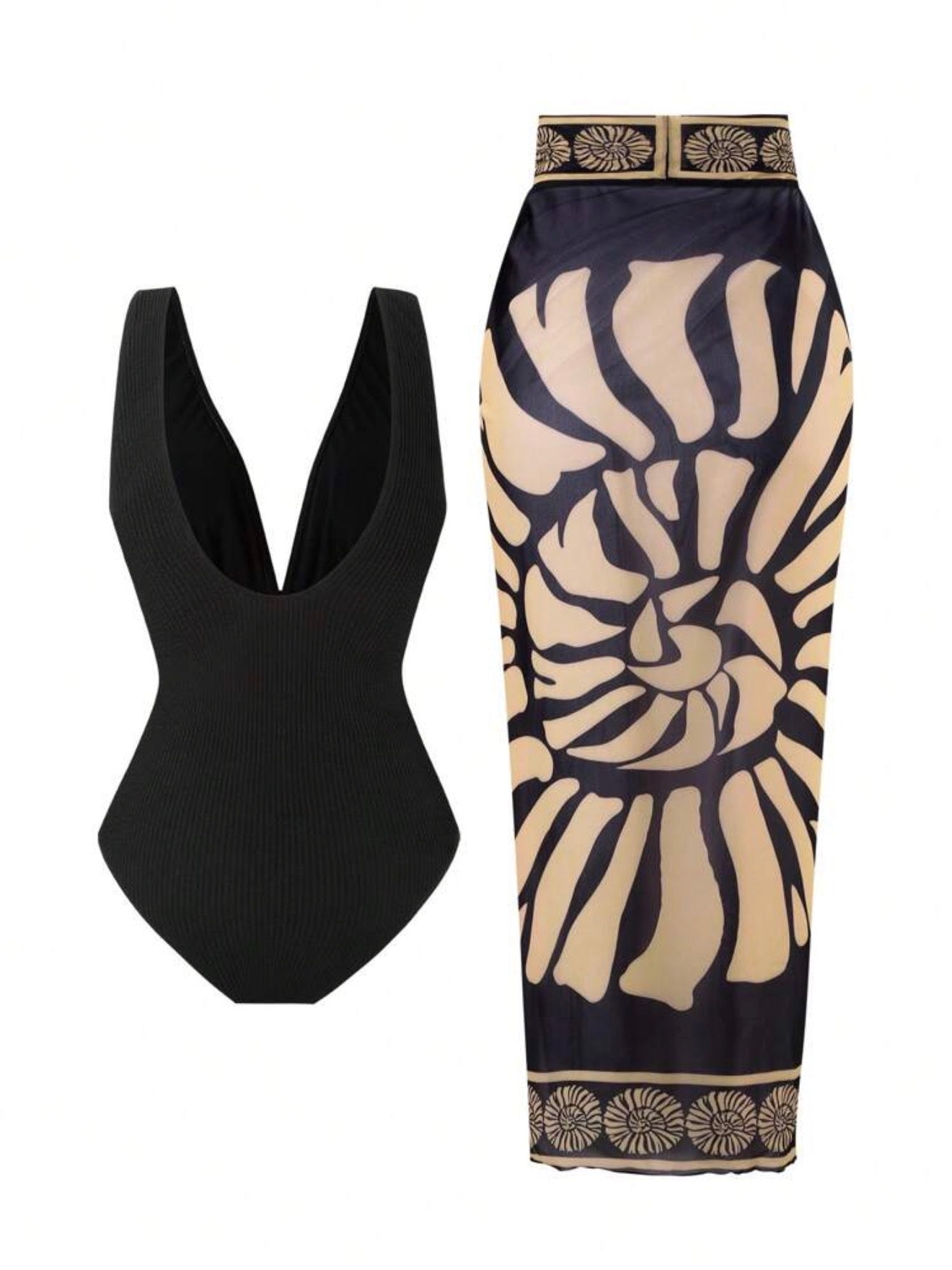 Maillot de Bain 1 Pièce Texturé avec Paréo Coquillages Noir
